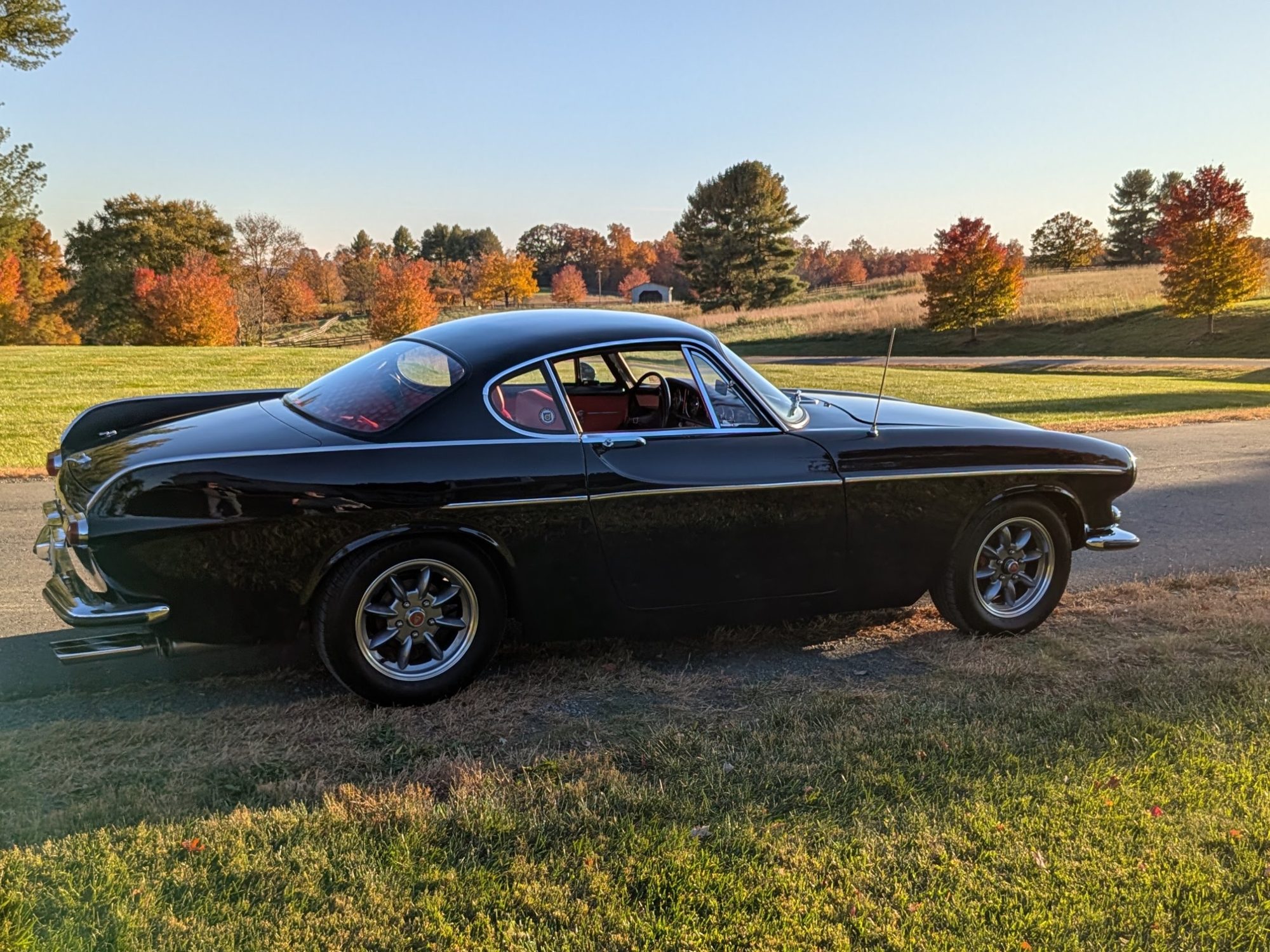 Side view of a black 1969 Volvo P1800 with red interior among fall foliage, a vintage wedding photo prop in Loudoun County, Virginia