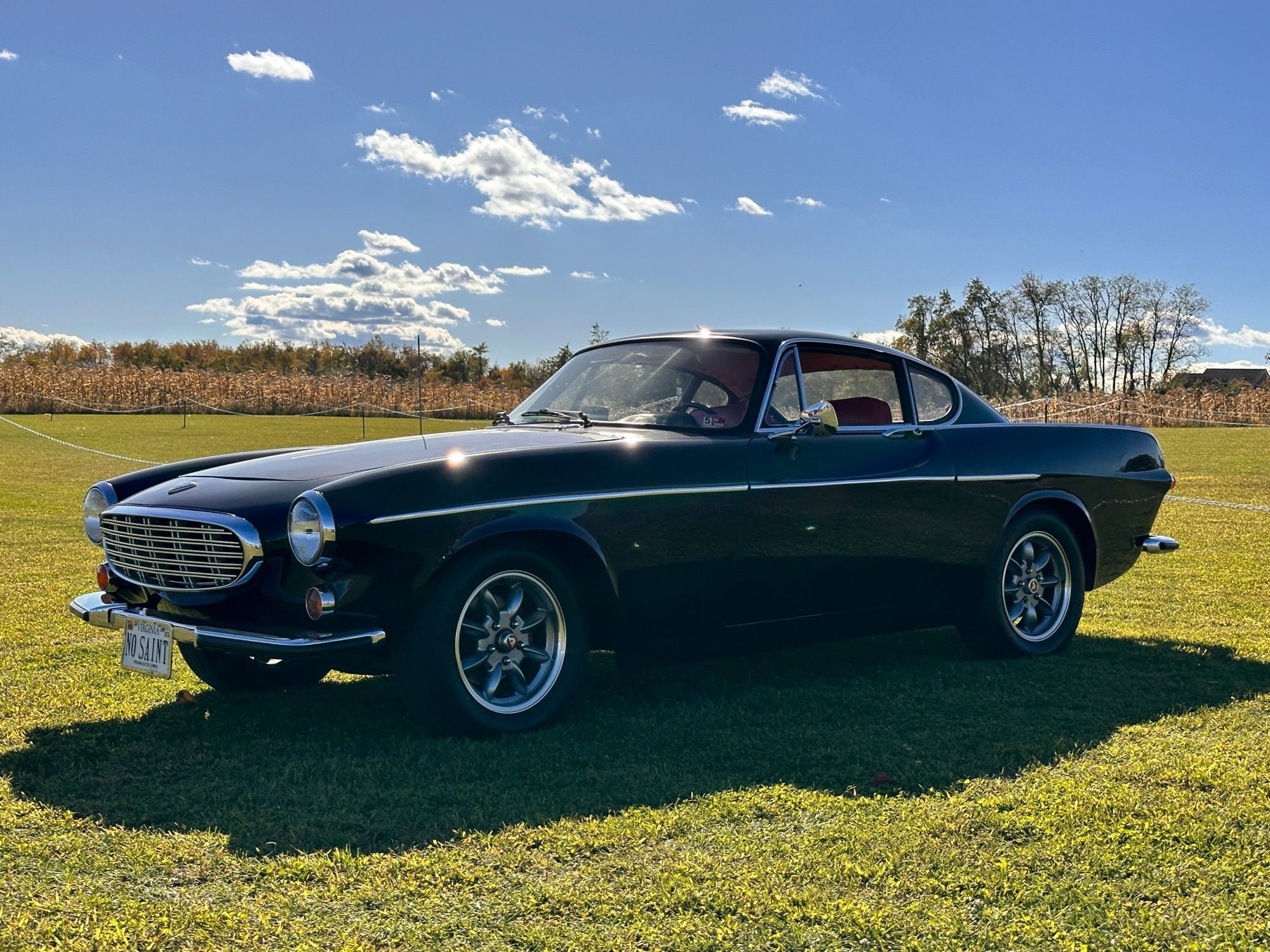 Black 1969 Volvo P1800 classic coupe on a grassy field, a vintage wedding getaway car and photo prop in Virginia