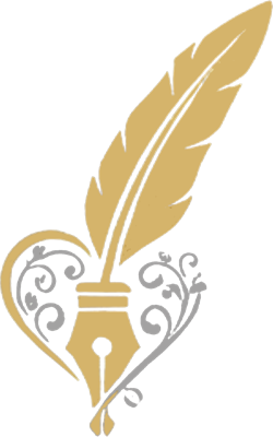 Hudziak logo: a gold quill and fountain pen inside a heart